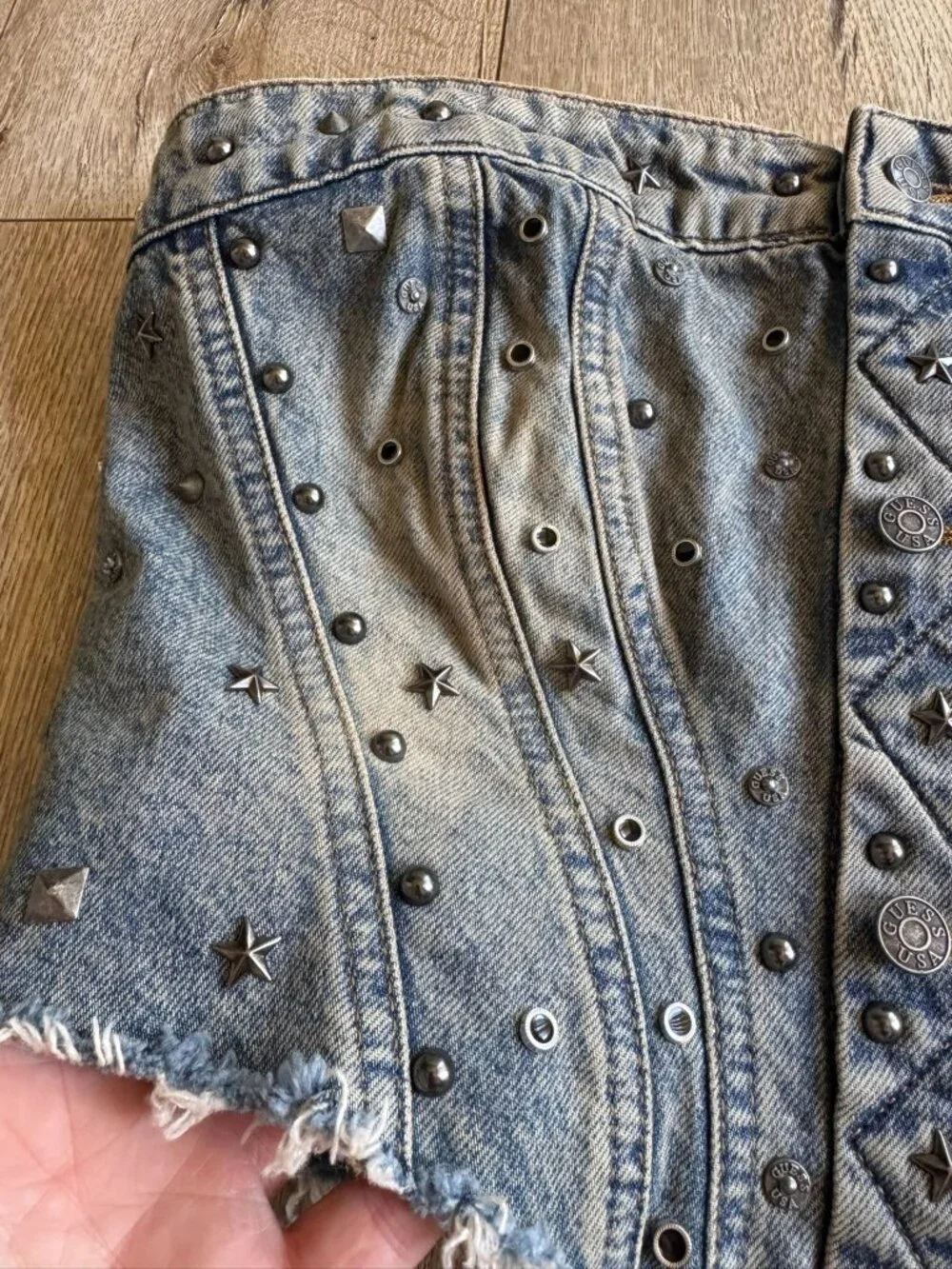 GUESS USA Silver Stud Embellished Gusa‎ Indigo Brown Tint Denim Corset Large